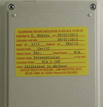 NRC Calibration Certification -  Geiger Counter