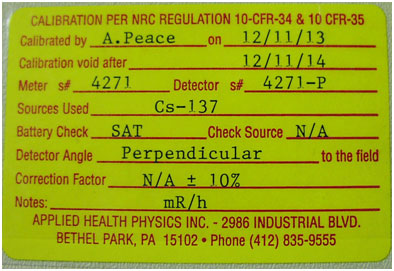 Calibration Certification label for Geiger Counter