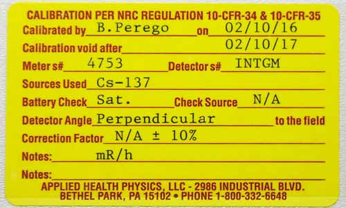 NRC Calibration Certification -  Geiger Counter