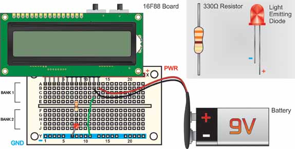 16F88 PIC project board and solderless breadboard